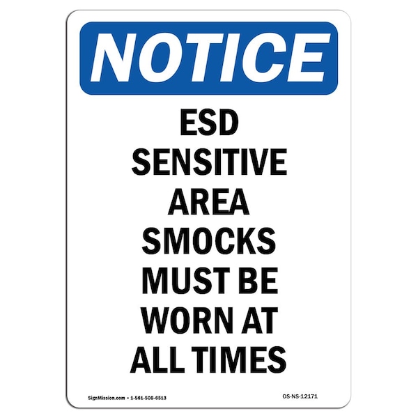 OSHA Sign, ESD Sensitive Area Smocks Must, 5in X 3.5in Decal, 10PK, 3.5" W, 5" L, Portrait, PK10